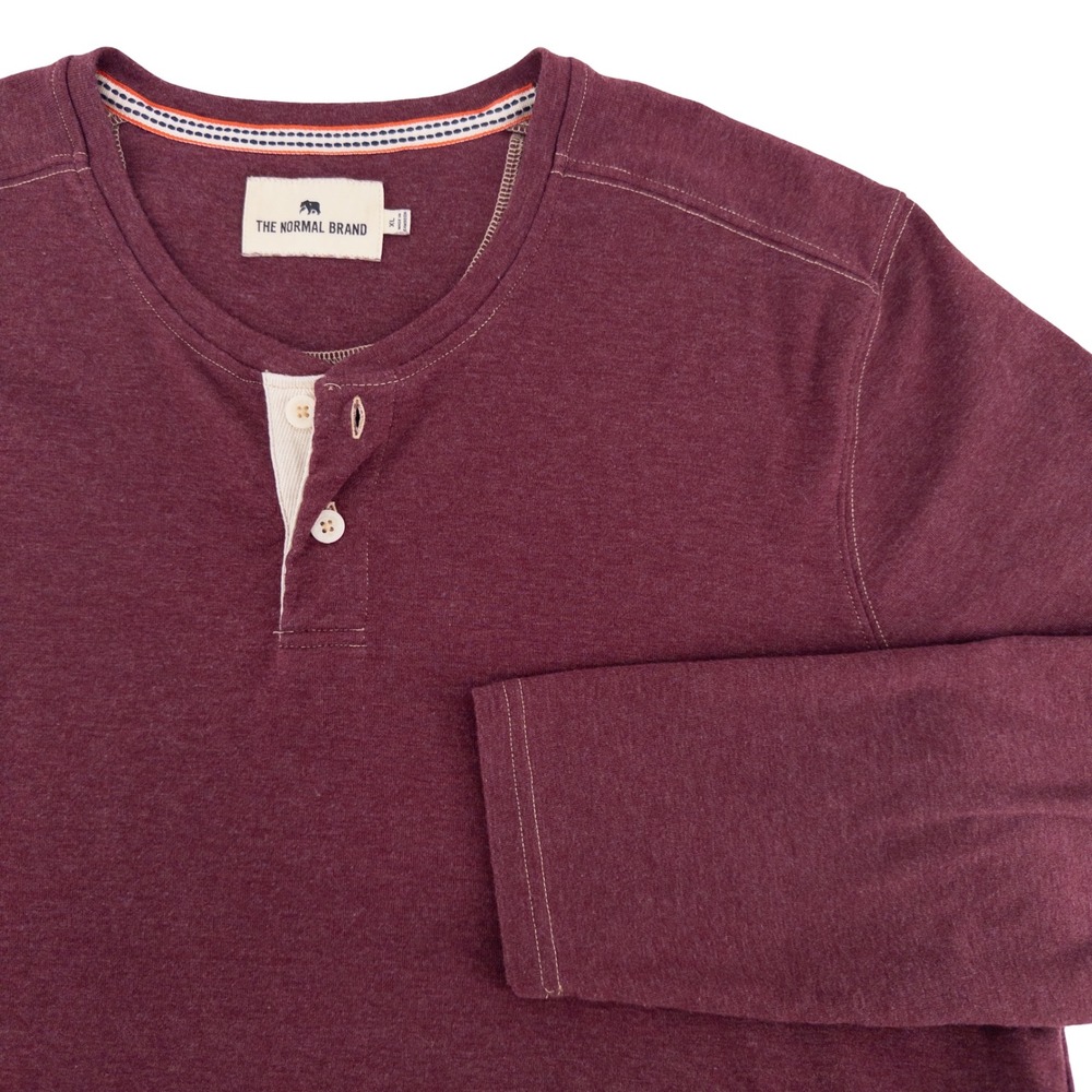 The Normal Brand Mens XL Puremeso Everyday Henley Burgundy Long Sleeve Shirt